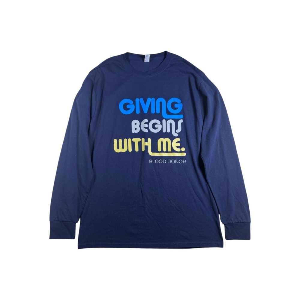 Jerzees Dri-Power Navy Blue Blood Donor Long Sleeve Graphic T-Shirt Mens Medium